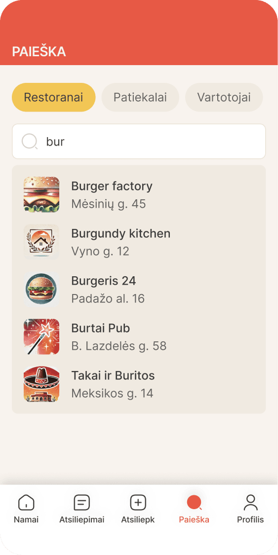 Ieškok restoranų ar patiekalų